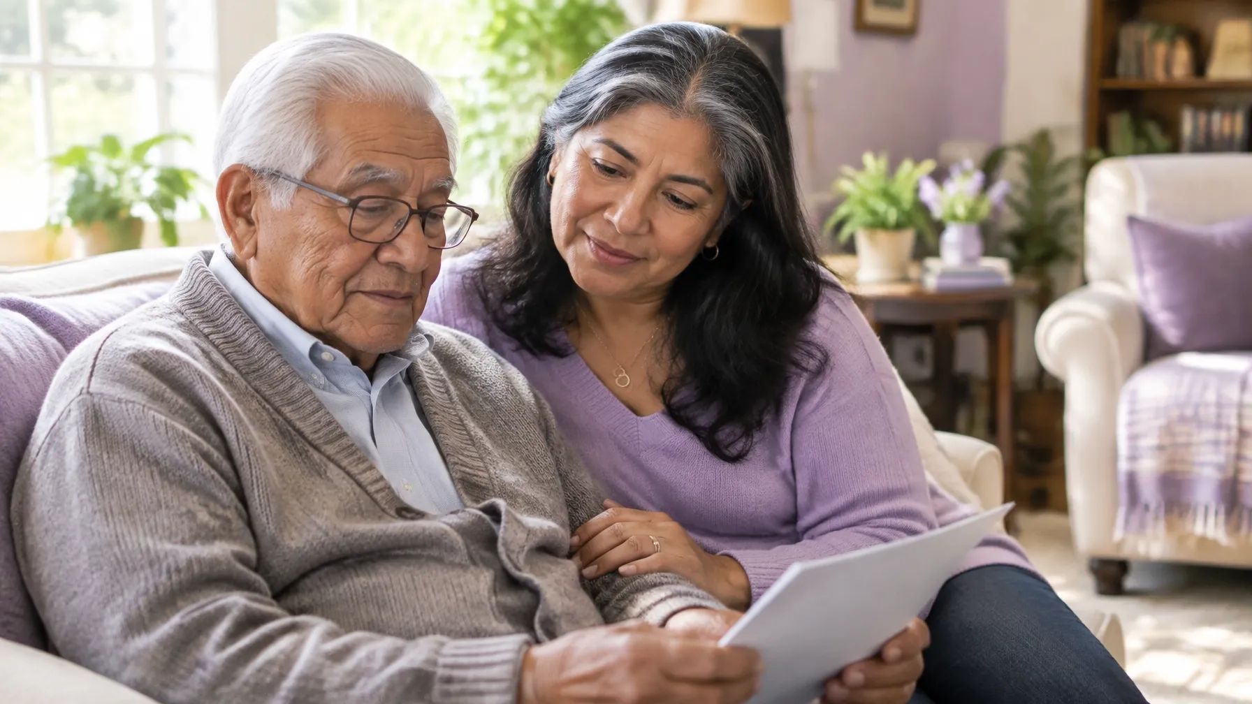 A daughter sitting beside her elderly father in a sunlit living room